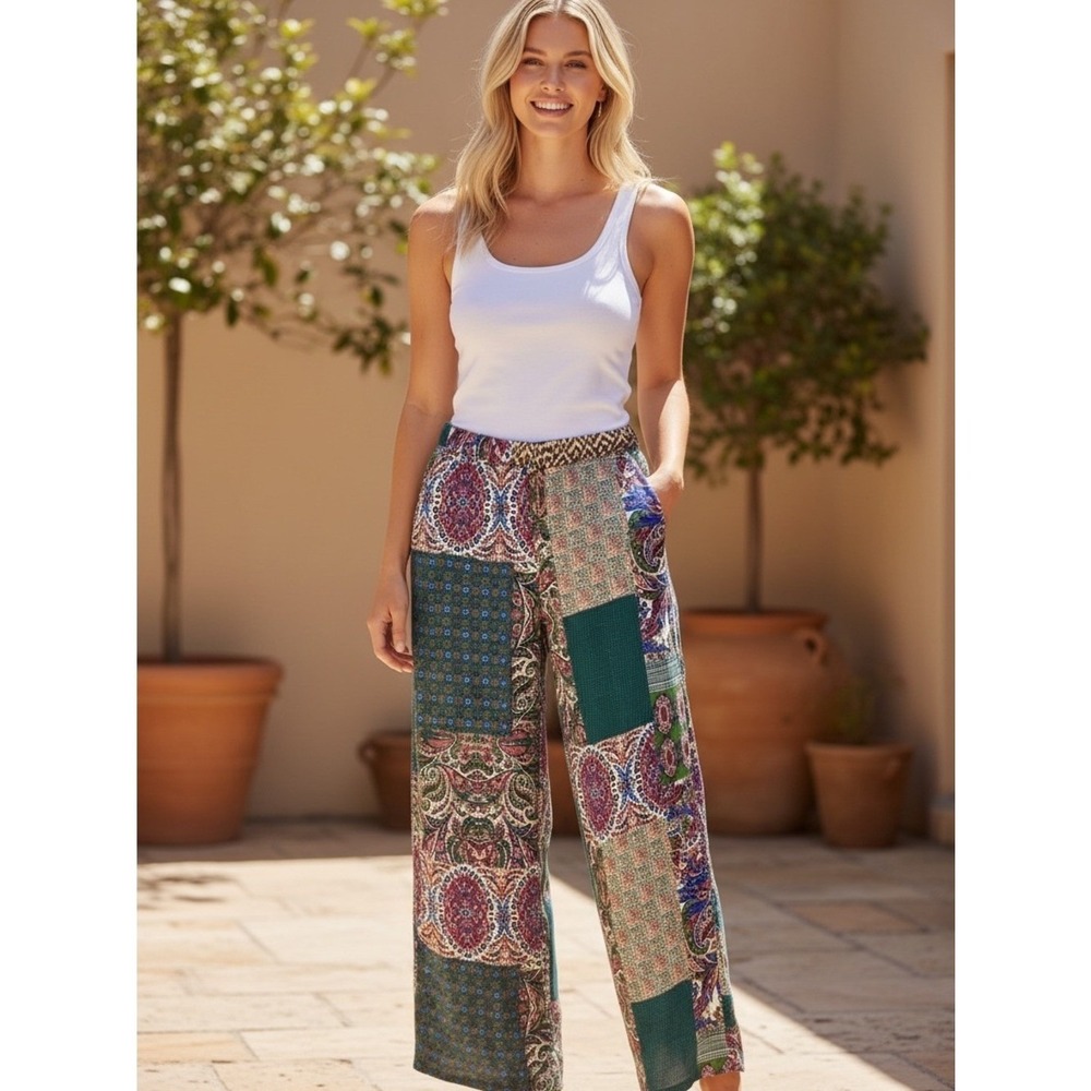 Zara Patchwork Paisley Print Wide Leg Pants Women S Multicolor Boho Relaxed Chic